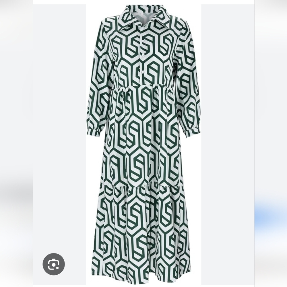 Green White Ecru Geometric Print Shirt Tunic Karen Maxi Dress 3XL